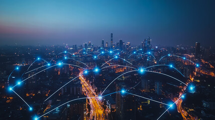 Fototapeta premium Smart digital city with connection cyber security network reciprocity over the cityscape . future smart wireless digital city and social media networking systems that connects people within the city