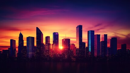 Fototapeta premium Vibrant sunset over a modern city skyline.