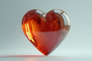 Heart-shaped glass object on white surface, reflecting warm sunlight, casting colorful shadows around.