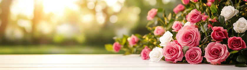 Fototapeta premium A beautiful arrangement of pink and white roses bathed in soft sunlight, creating a serene and romantic atmosphere.