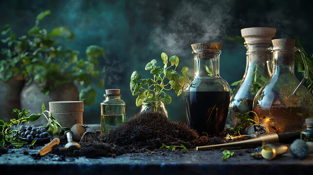 mystical herbal study with glass bottles, plants, and soil, evoking curiosity and nature secrets