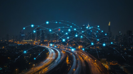 Obraz premium Smart digital city with connection cyber security network reciprocity over the cityscape . future smart wireless digital city and social media networking systems that connects people within the city
