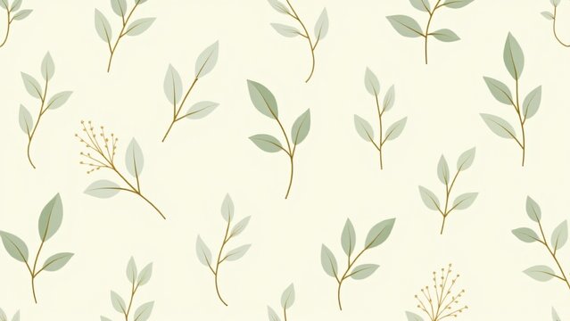 Patr&oacute;n elegante con hojas minimalistas en tonos verdes y dorados sobre fondo beige mate, l&iacute;neas limpias y texturas sutiles. Perfecto para proyectos modernos y ecol&oacute;gicos.