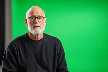 Fototapeta premium A bearded man with glasses sits in front of a vibrant green backdrop, wearing a black sweater, conveying a thoughtful expression.