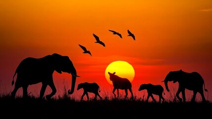 Majestic Silhouettes of Elephants and Birds Against a Vibrant Sunset Sky Over Serene Landscape, Evoking Peace and Natural Beauty in a Wildlife Scene