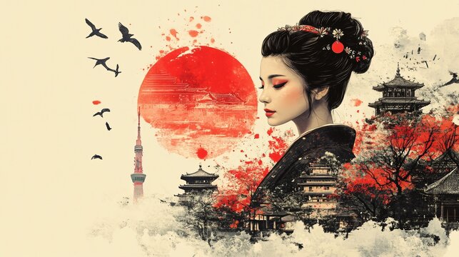 A serene portrait of a woman in traditional attire, set against a vibrant red sun, with iconic Japanese architecture and flying birds in the background.