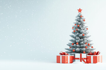 Obraz premium Festive Christmas tree with snowfall and red decorated gifts in winter scene.