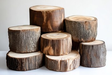 Stack of rustic wooden slices, natural wood texture. (1)