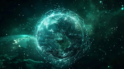 Fototapeta premium Global Network: Earth Encased in a Teal Digital Constellation