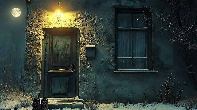An old house covered in snow on a cold winter night, lit by a warm inviting light.