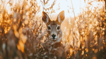 Serene Close-Up of a Deer Amidst Golden Grass Under Soft Warm Light in a Tranquil Natural Setting Capturing the Beauty of Wildlife in Autumn