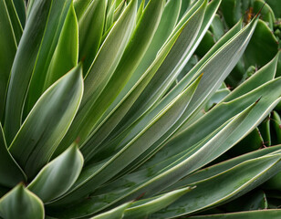 Obraz premium Long, pointed agave plant leaves fan out in various shades of green creating a natural geometric pattern.