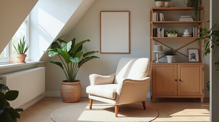 Fototapeta premium Cozy Scandinavian-style Living Room with Natural Light and Indoor Plants