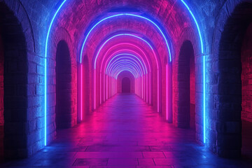 Fototapeta premium Colorful neon-lit tunnel, vibrant hues illuminating the passageway, creating a surreal and captivating visual journey.