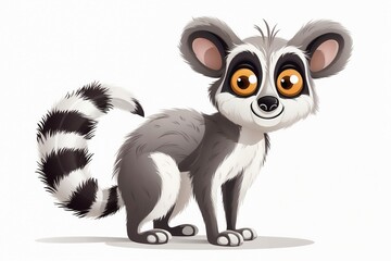 Obraz premium Lemur with Orange Eyes, Gray Fur, and Striped Tail, Isolated on White Background.Children's books, adventure illustrations, wildlife-themed educational content, playful character design.