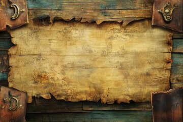 Antique map parchment on aged wood background.