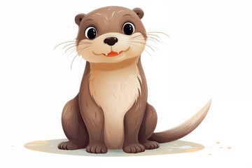 Cartoon Otter Sitting with Friendly Expression and Tail Extended, Isolated on White Background.Children's books, illustrations for educational materials, animal-themed merchandise, and friendly charac