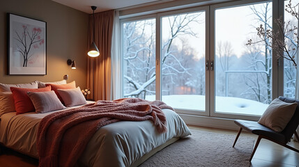 Cozy Winter Bedroom with Snowy Landscape View through Large Windows