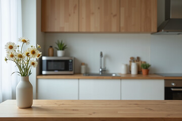 Daisy Bouquet in Serene Modern Kitchen with Wooden Accents
