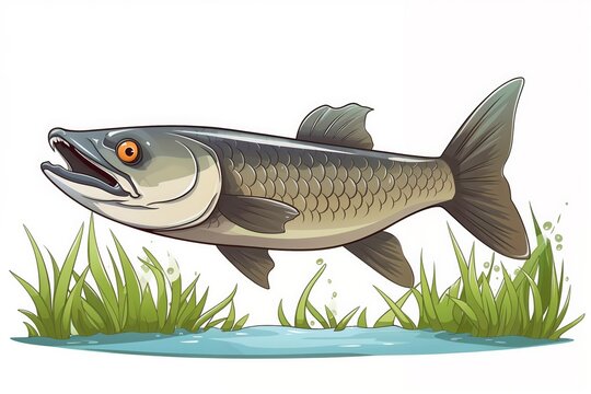 Cartoon grass carp with large tail swimming over water isolated on white background.Aquatic-themed illustrations, children's books, nature designs, animal illustrations.Strength. Serenity. The flow of
