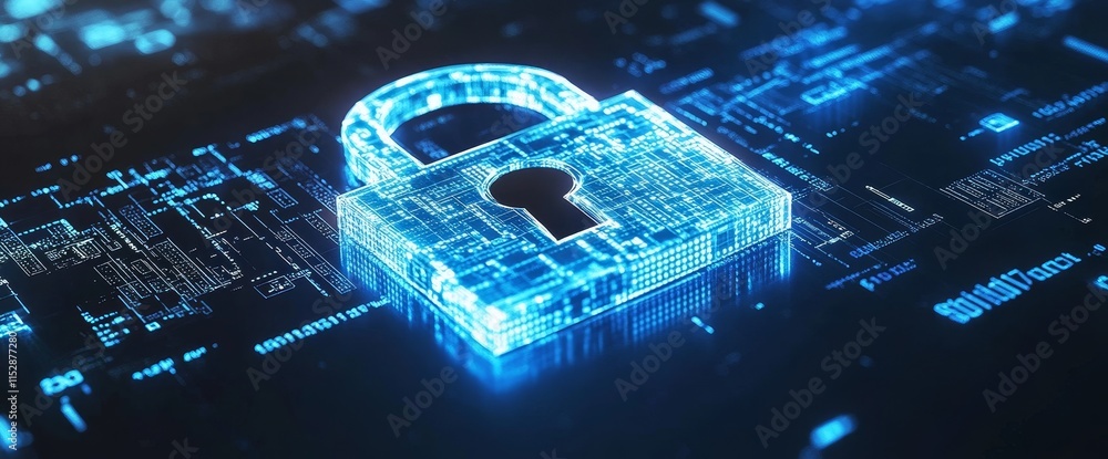 Poster cyber security concept glowing padlock on digital circuit board.