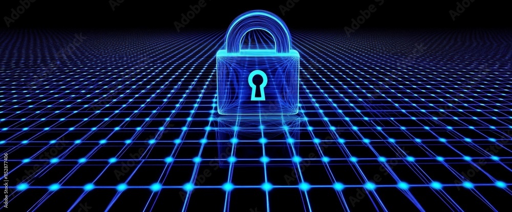 Poster Cyber security concept glowing padlock on digital grid.