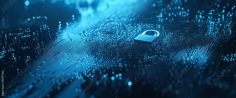 Poster cyber security concept padlock on digital circuit board.
