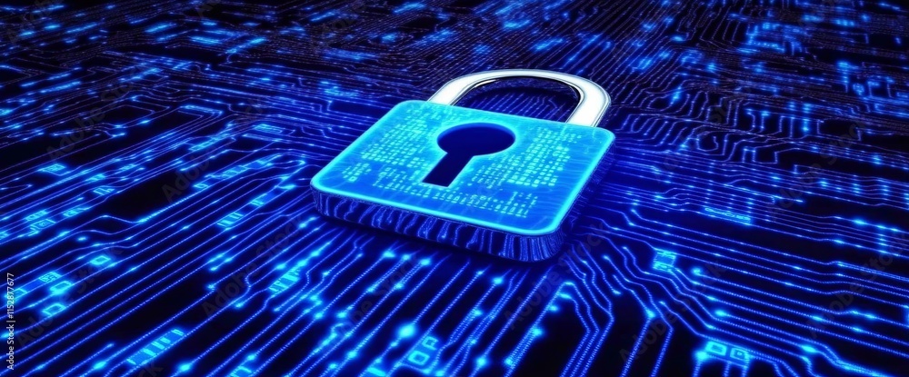 Poster cyber security concept glowing padlock on circuit board.