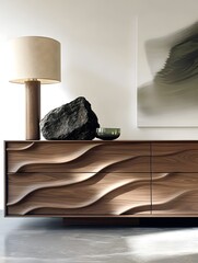 Modern wooden sideboard with sculptural design and artistic decor