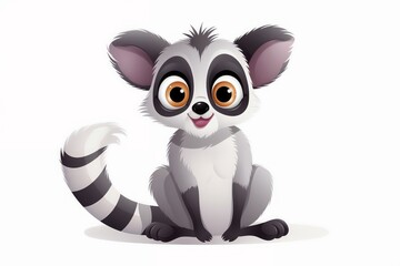 Obraz premium Cartoon lemur with big round eyes, grey and white fur, and striped tail isolated on white background.Children’s books, jungle adventure stories, wildlife illustrations, animal-themed educational mater