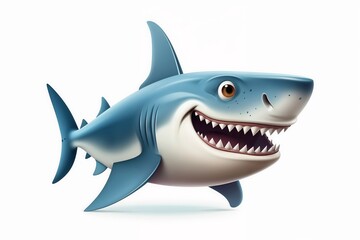 Obraz premium Cartoon shark with blue body, white belly, and big smile isolated on white background.Children's books, aquatic illustrations, animation, shark-themed products, greeting cards.Strength in the ocean.