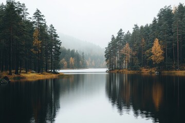 Fototapeta premium Serene autumn lake nestled in misty forest. (1)