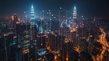 Smart digital city with connection cyber security network reciprocity over the cityscape . future smart wireless digital city and social media networking systems that connects people within the city