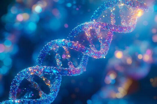 Glowing DNA double helix strand, abstract science background.