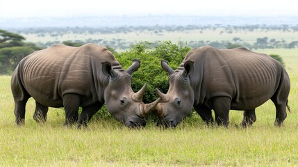 Fototapeta premium Two Majestic Black Rhinos Engaging in a Gentle Headbutt on a Vibrant Green Savannah Landscape with Rolling Hills and a Lush Background Under a Clear Blue Sky