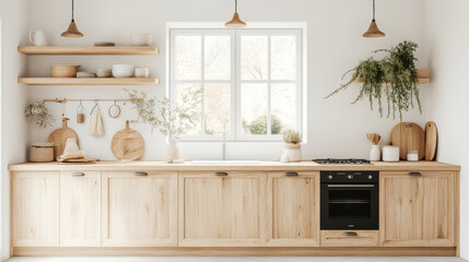 A modern kitchen featuring light wood cabinetry, open shelves, and natural decor. bright space is enhanced by greenery and cozy atmosphere, perfect for cooking and gathering