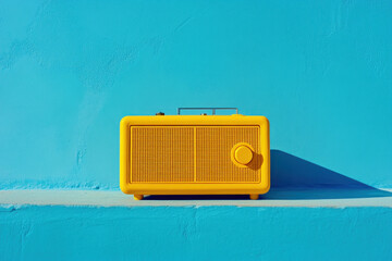 Yellow radio against blue wall, striking contrast, vintage vibes, retro aesthetic.