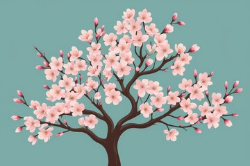 a tree with pink flowers on a blue background