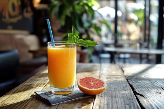 Fresh grapefruit juice in glass on wooden table.