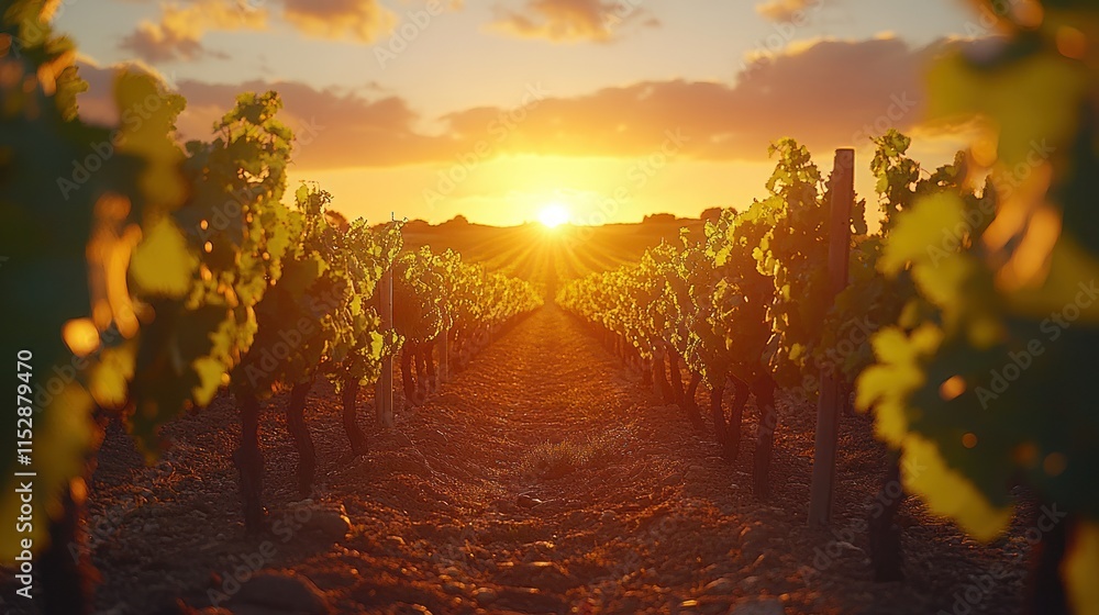 Poster sunset over rows of grapevines in a vineyard.