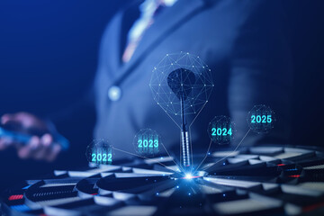 Obraz premium Future trends in business investment in 2025, annual target setting showing results of analysis of impacts, profits, and investment balance of the organization. 