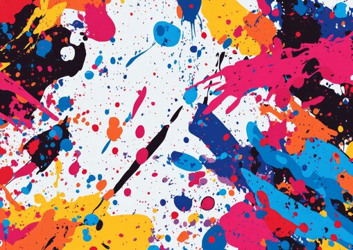 Abstract colorful paint splatters on white background.