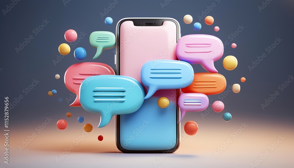 Poster a colorful smartphone surrounded by various speech bubbles, symbolizing communication and digital in