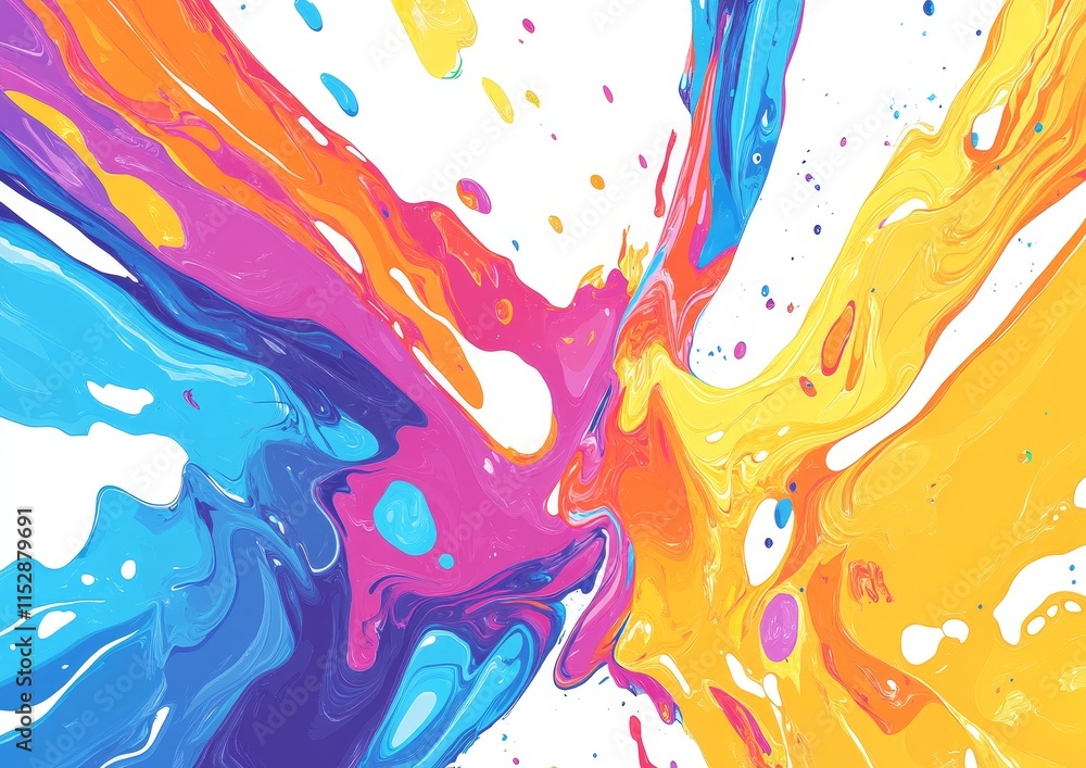 Poster vibrant multicolored paint splashes explode from center on white.