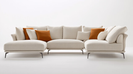 Luxurious beige sectional sofa with plush cushions and orange accent pillows, perfect for modern living spaces. Its elegant design adds comfort and style to any room
