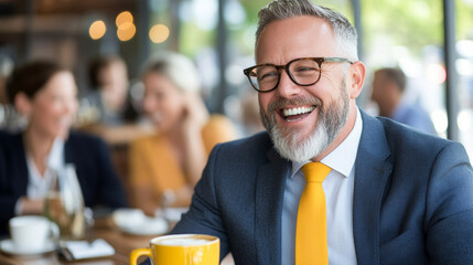 A smiling man in suit enjoys coffee in bright cafe, surrounded by people engaged in conversation. atmosphere is warm and inviting, perfect for socializing