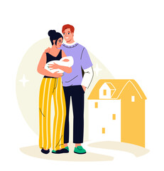 Happy family scene. Man and woman with baby. Father, mother and toddler. Good family relationships. Positivity and optimism. Husband and wife. Cheerful parents. Flat vector illustration
