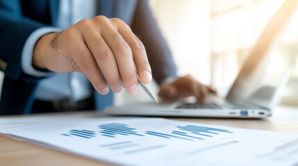 Fototapeta premium A professional man is analyzing financial data on document while using laptop, showcasing focused and determined approach to business