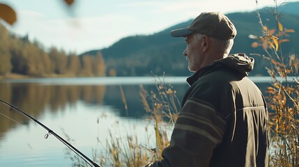 A man is fishing in a lake