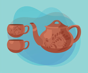 Brown ceramic teapot with teacups vector illustrations set. Collection of cartoon drawings of pot and cups with ornament on abstract background. Kitchenware, pottery, teatime concept